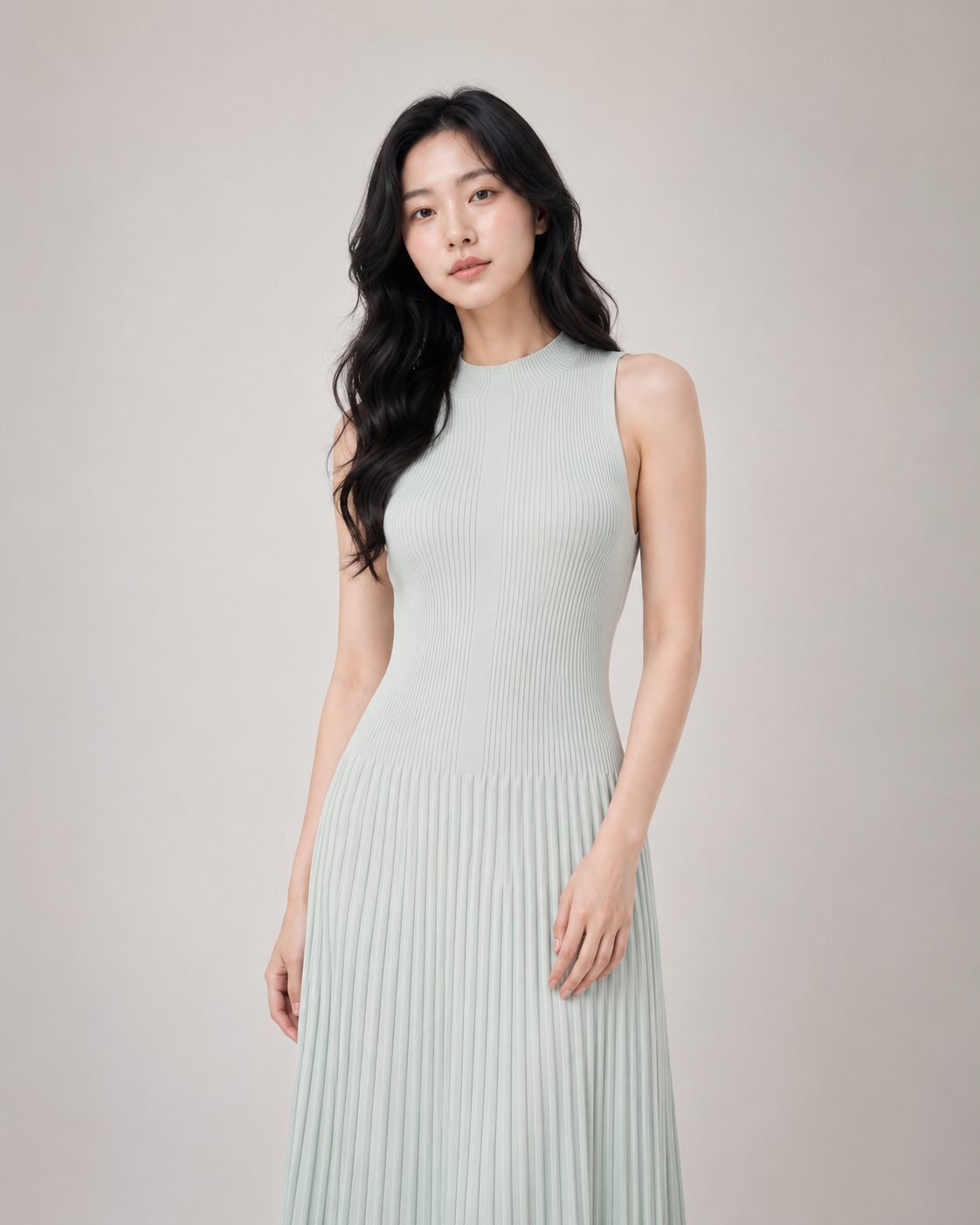 KARMA女士半高領收腰顯瘦無袖連身裙-淺綠色